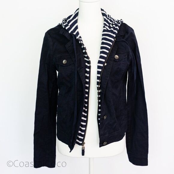 Splendid Navy Hooded Denim Jacket Striped zip-up M, Casual Coastal Preppy - Picture 1 of 9
